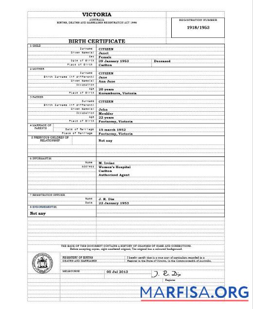 Printable Australia Victoria birth certificate template in Word format, version 1